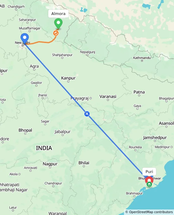 Route map showing distance and travel time from Almora, India to Puri, India