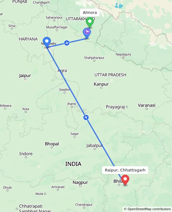 Route map showing distance and travel time from Almora, India to Raipur, Chhattisgarh, India