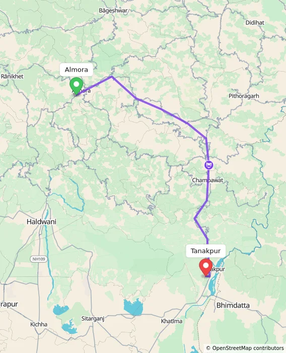 Route map showing distance and travel time from Almora, India to Tanakpur, India