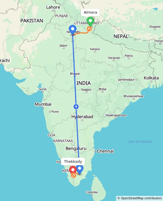 Route map showing distance and travel time from Almora, India to Thekkady, India
