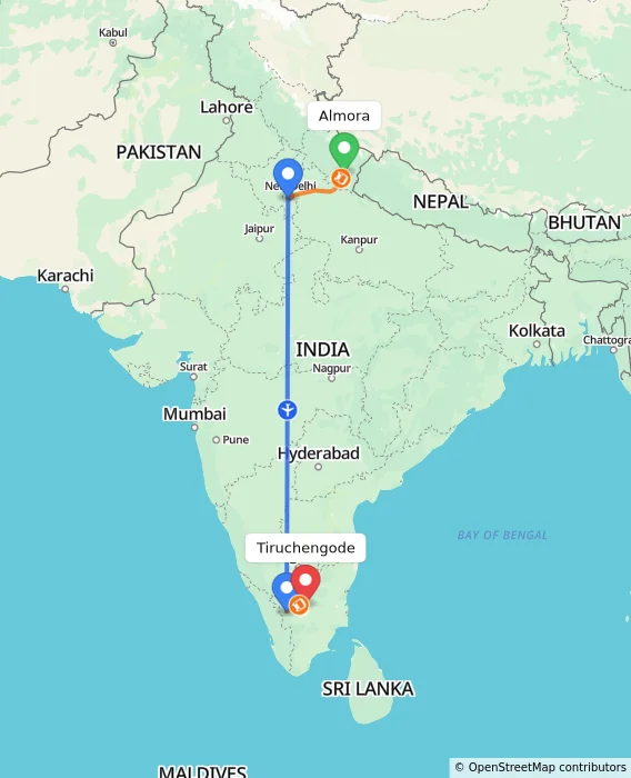 Route map showing distance and travel time from Almora, India to Tiruchengode, India