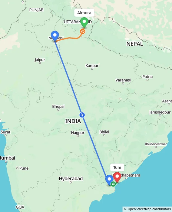 Route map showing distance and travel time from Almora, India to Tuni, India