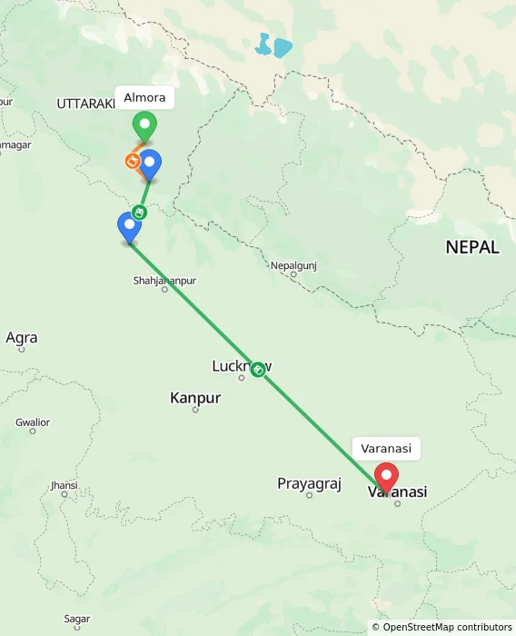 Route map showing distance and travel time from Almora, India to Varanasi, India