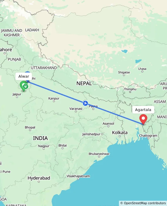 Route map showing distance and travel time from Alwar, India to Agartala, India