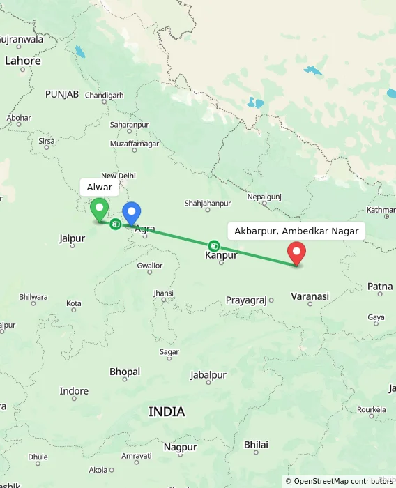 Route map showing distance and travel time from Alwar, India to Akbarpur, Ambedkar Nagar, India