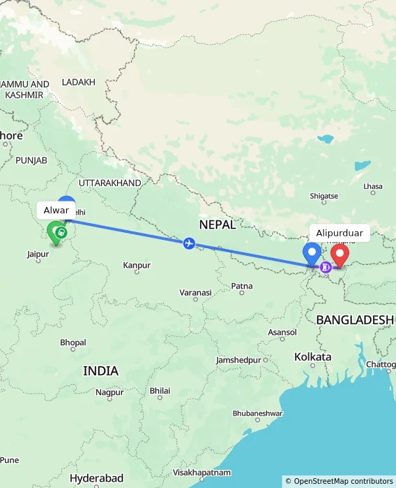 Route map showing distance and travel time from Alwar, India to Alipurduar, India