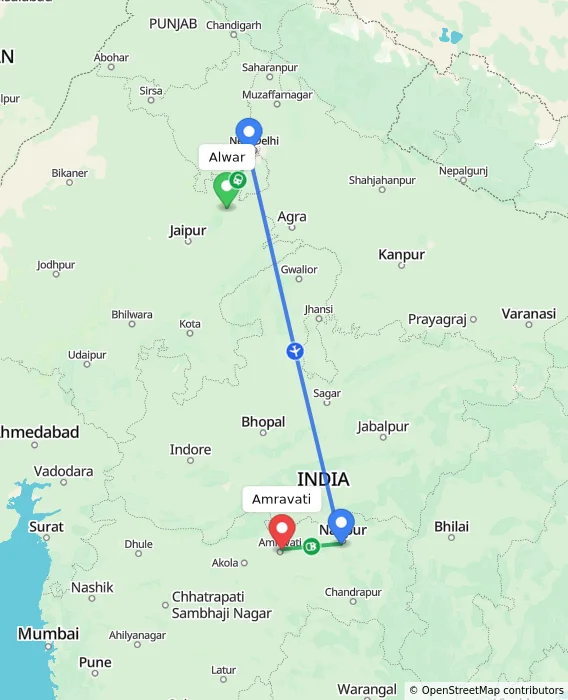 Route map showing distance and travel time from Alwar, India to Amravati, India