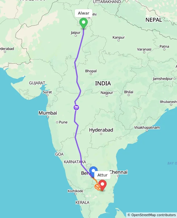 Route map showing distance and travel time from Alwar, India to Attur, India