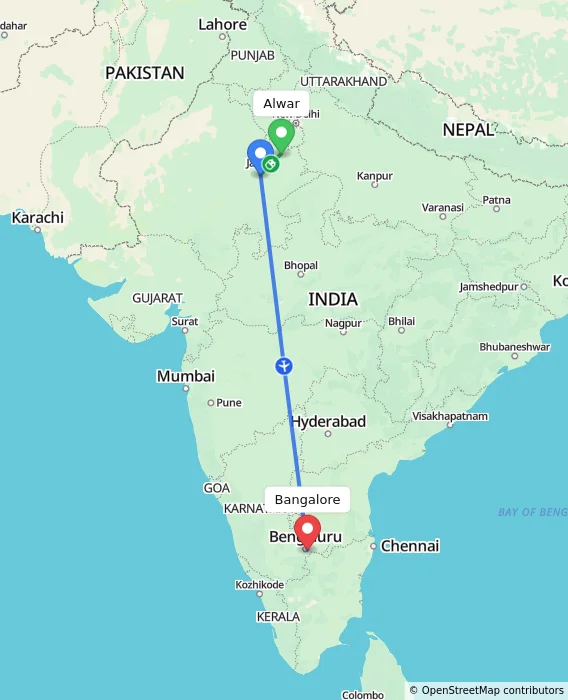 Route map showing distance and travel time from Alwar, India to Bangalore, India