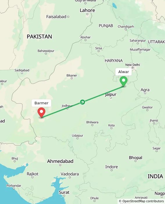Route map showing distance and travel time from Alwar, India to Barmer, India
