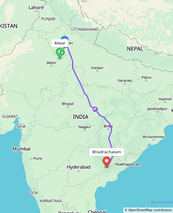Route map showing distance and travel time from Alwar, India to Bhadrachalam, India
