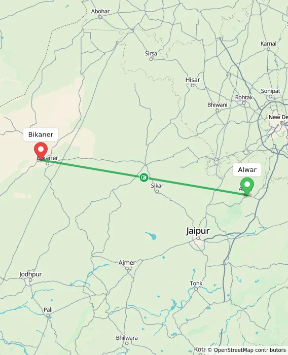 Route map showing distance and travel time from Alwar, India to Bikaner, India