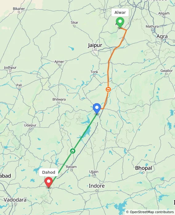 Route map showing distance and travel time from Alwar, India to Dahod, India