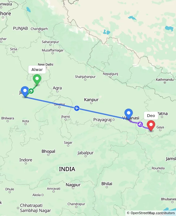 Route map showing distance and travel time from Alwar, India to Deo, India