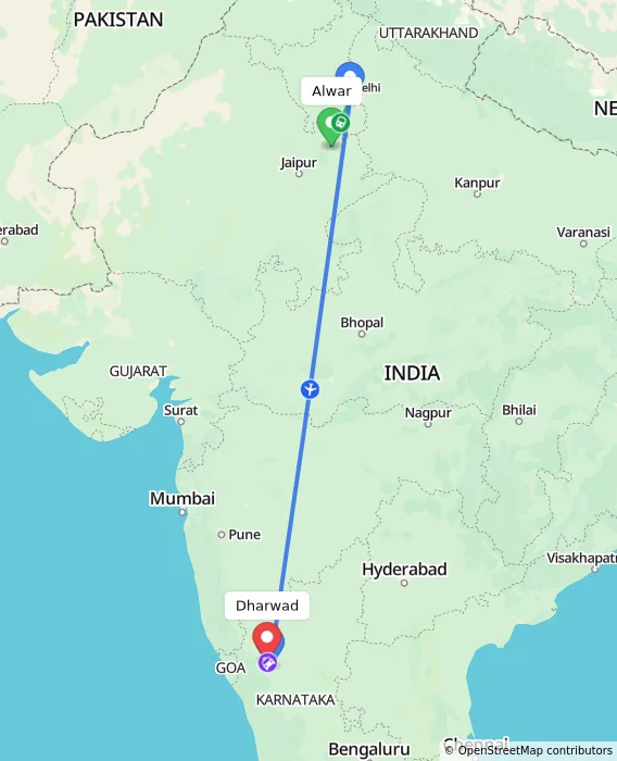 Route map showing distance and travel time from Alwar, India to Dharwad, India