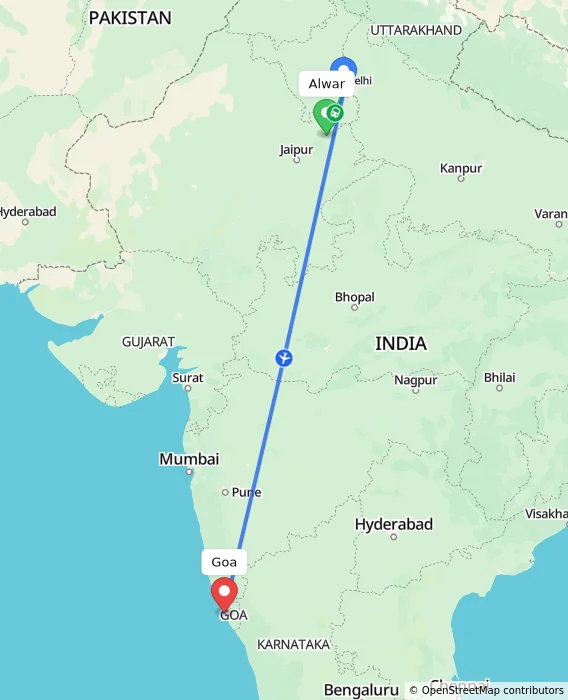Route map showing distance and travel time from Alwar, India to Goa, India