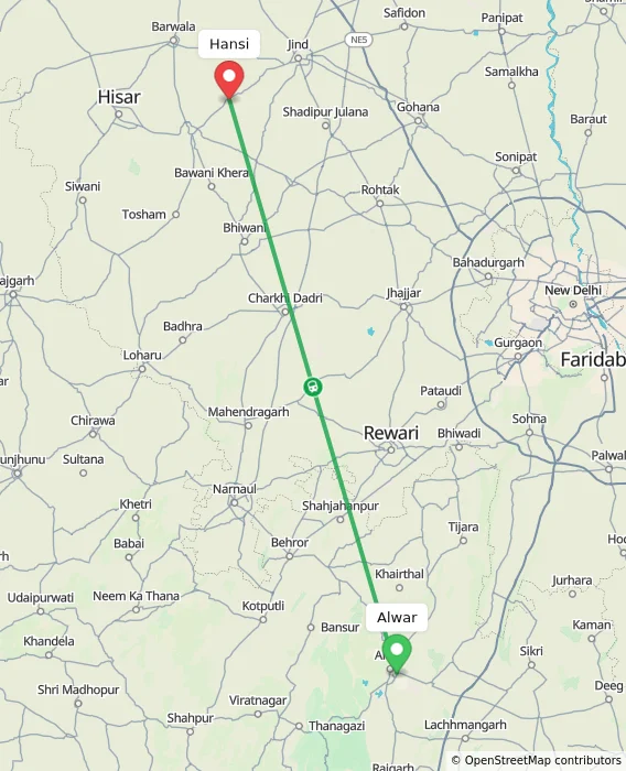 Route map showing distance and travel time from Alwar, India to Hansi, India