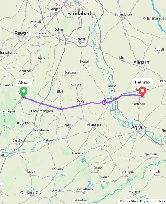 Route map showing distance and travel time from Alwar, India to Hathras, India