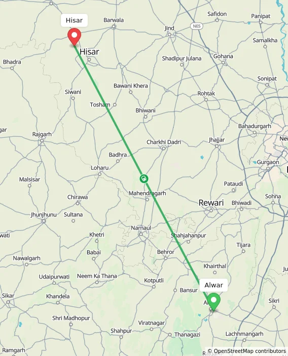 Route map showing distance and travel time from Alwar, India to Hisar, India