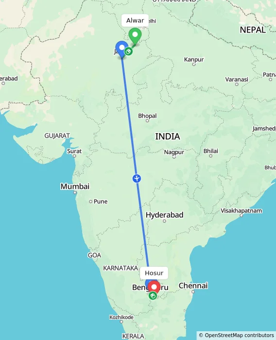 Route map showing distance and travel time from Alwar, India to Hosur, India