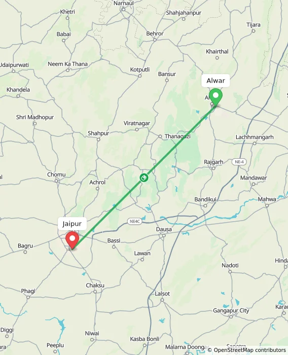 Route map showing distance and travel time from Alwar, India to Jaipur, India