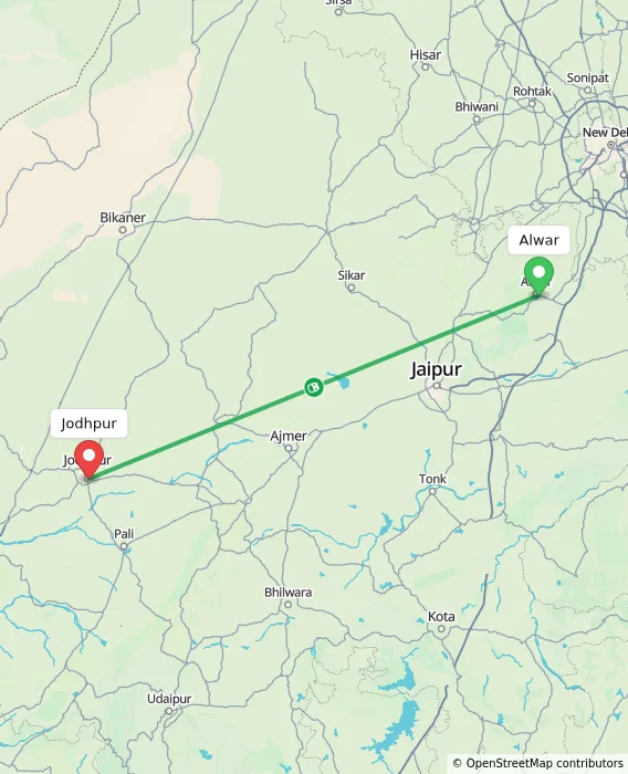 Route map showing distance and travel time from Alwar, India to Jodhpur, India