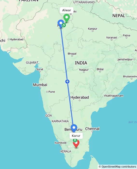 Route map showing distance and travel time from Alwar, India to Karur, India