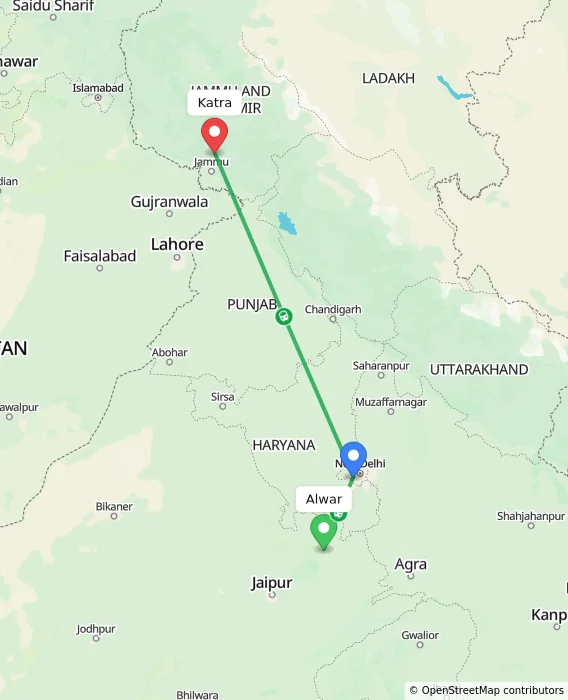 Route map showing distance and travel time from Alwar, India to Katra, India