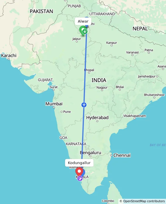 Route map showing distance and travel time from Alwar, India to Kodungallur, India