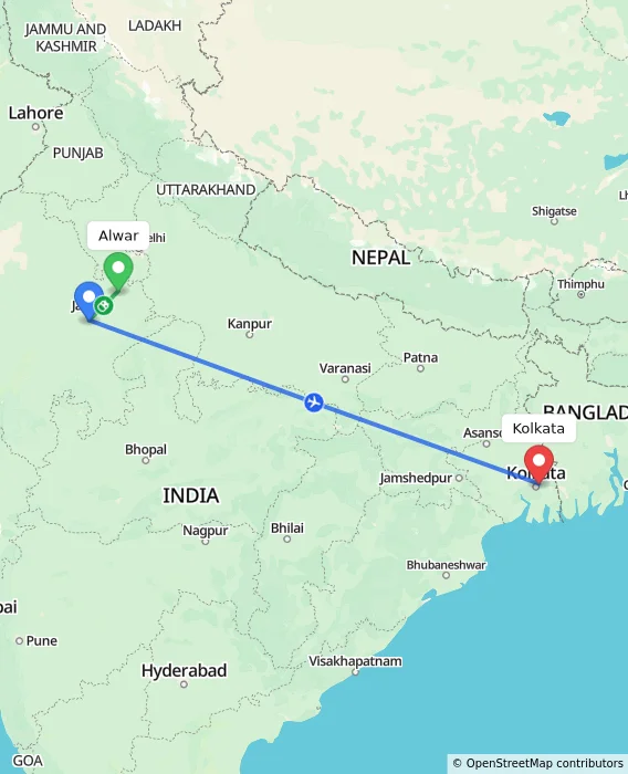 Route map showing distance and travel time from Alwar, India to Kolkata, India