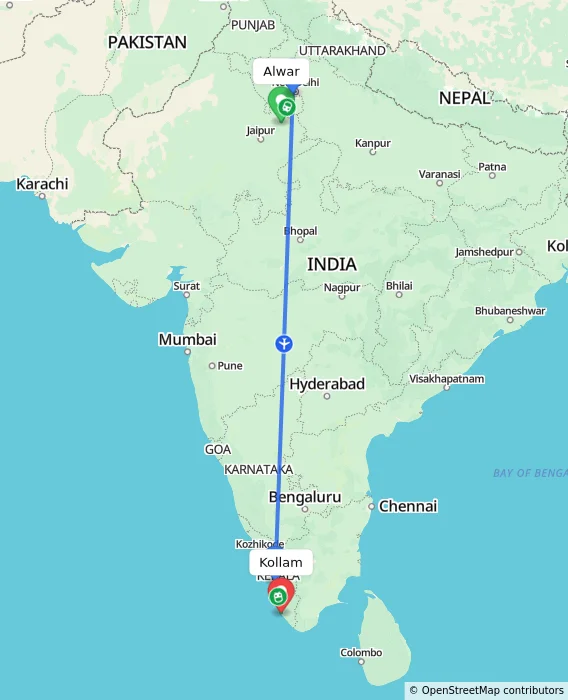Route map showing distance and travel time from Alwar, India to Kollam, India