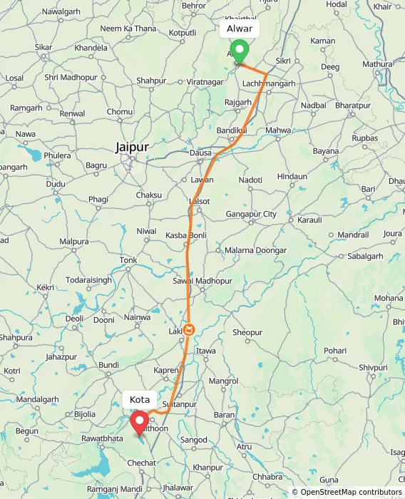 Route map showing distance and travel time from Alwar, India to Kota, India