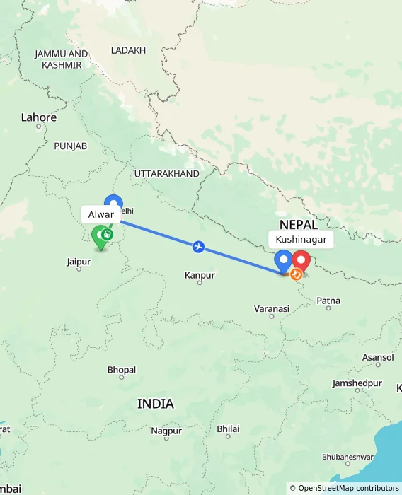 Route map showing distance and travel time from Alwar, India to Kushinagar, India