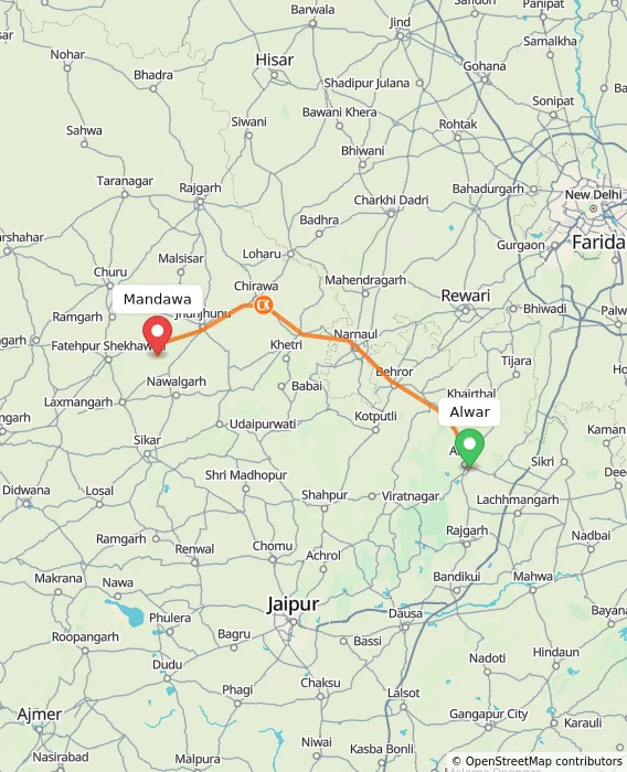 Route map showing distance and travel time from Alwar, India to Mandawa, India