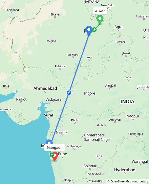 Route map showing distance and travel time from Alwar, India to Mangaon, India