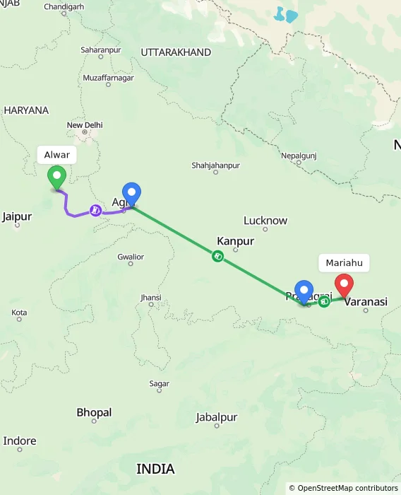 Route map showing distance and travel time from Alwar, India to Mariahu, India