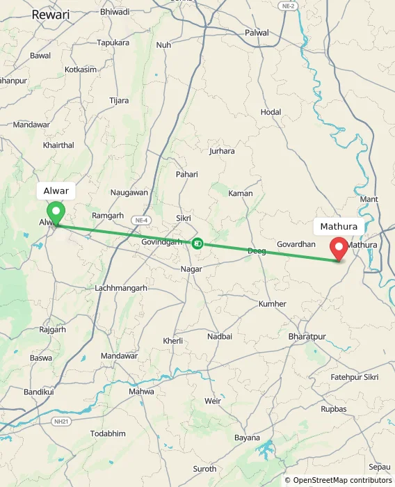 Route map showing distance and travel time from Alwar, India to Mathura, India
