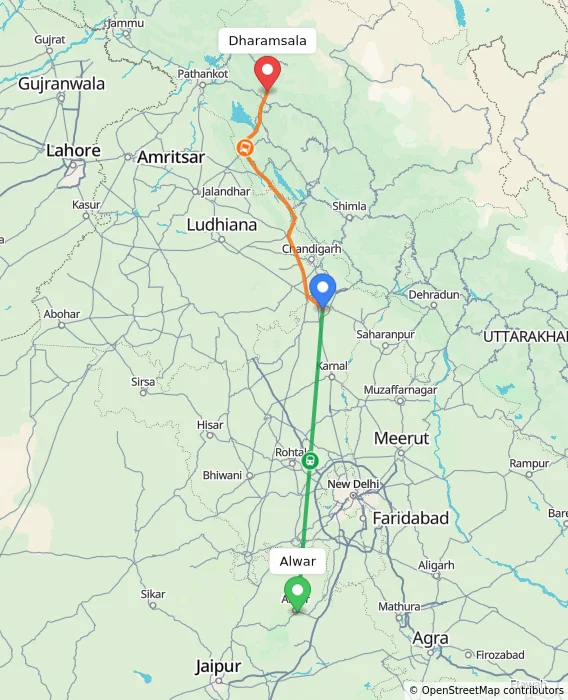 Route map showing distance and travel time from Alwar, India to Dharamsala, India