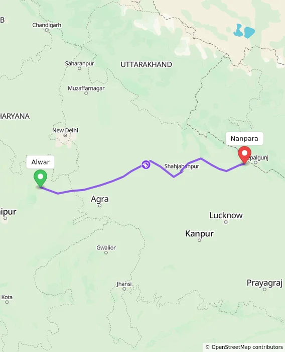 Route map showing distance and travel time from Alwar, India to Nanpara, India