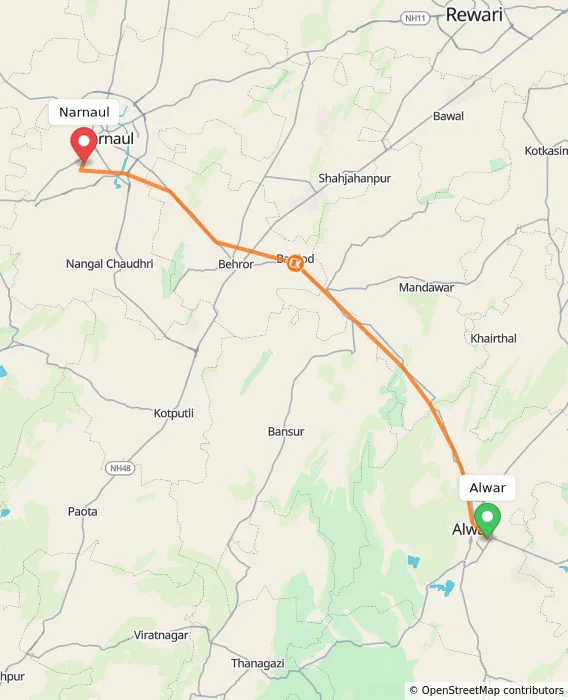Route map showing distance and travel time from Alwar, India to Narnaul, India