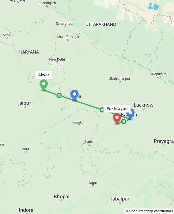 Route map showing distance and travel time from Alwar, India to Pukhrayan, India