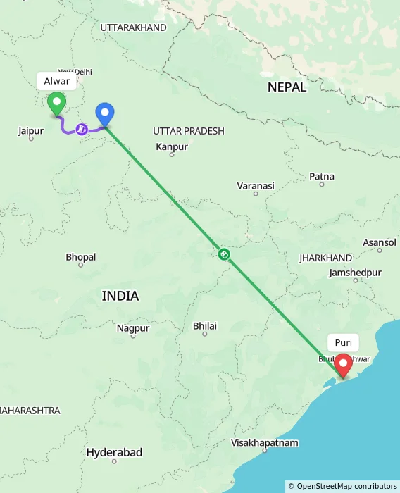 Route map showing distance and travel time from Alwar, India to Puri, India