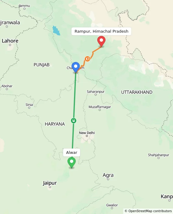 Route map showing distance and travel time from Alwar, India to Rampur, Himachal Pradesh, India