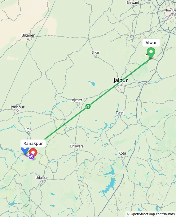 Route map showing distance and travel time from Alwar, India to Ranakpur, India