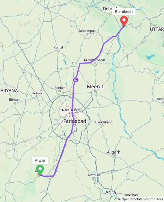 Route map showing distance and travel time from Alwar, India to Rishikesh, India