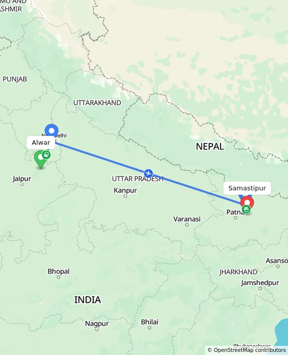 Route map showing distance and travel time from Alwar, India to Samastipur, India