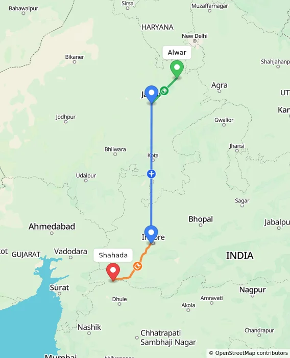 Route map showing distance and travel time from Alwar, India to Shahada, India