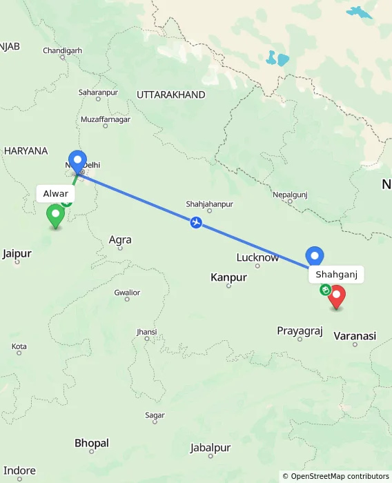 Route map showing distance and travel time from Alwar, India to Shahganj, India