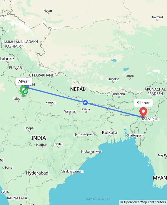 Route map showing distance and travel time from Alwar, India to Silchar, India