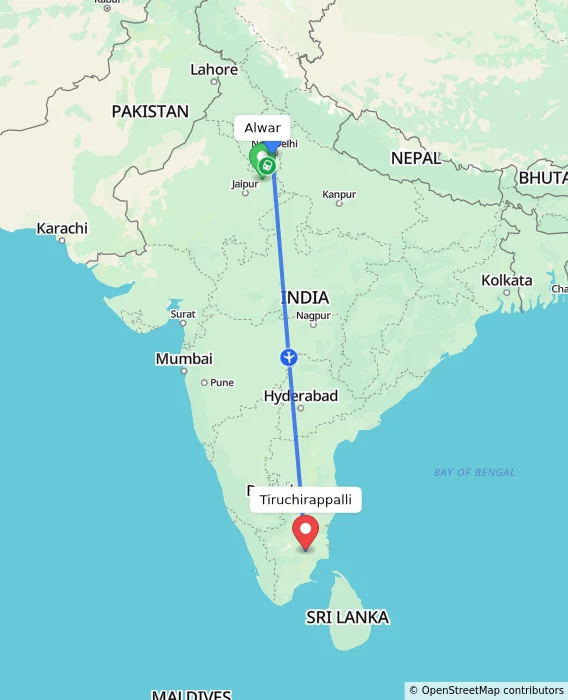 Route map showing distance and travel time from Alwar, India to Tiruchirappalli, India